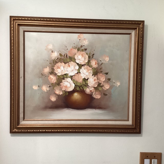 The product is an original vintage floral still life painting on canvas featuring a beautiful rose bouquet in a vase....