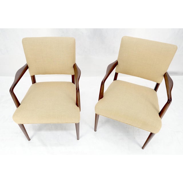 1960s New Solid Linen Upholstery Walnut c1960s Arm Chairs Risom Style Restored MINT For Sale - Image 5 of 11