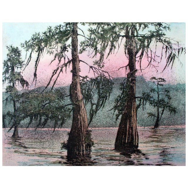 Beautiful etching in stunning colors of Cypress trees by Maurice Bonin (American, 20th Century). Titled "Autumn Cypress"...