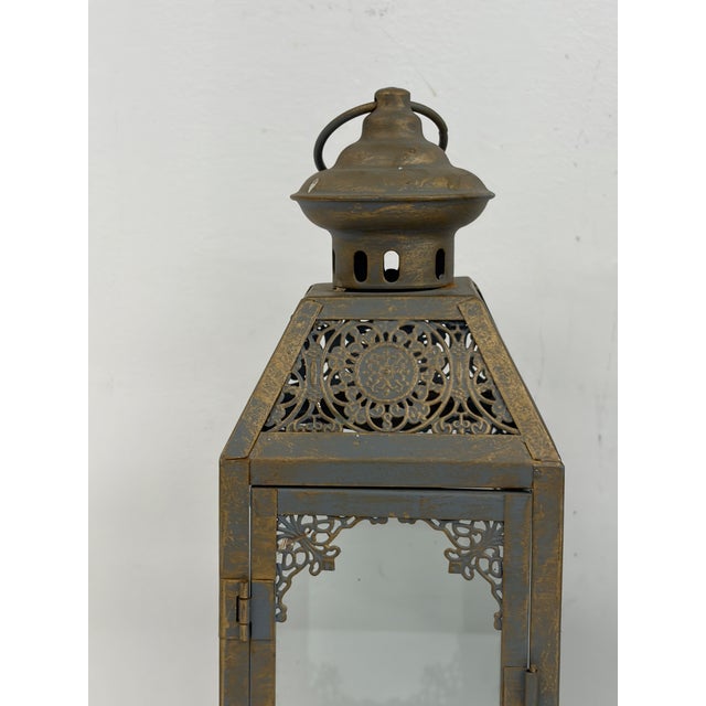 Bronze Pair of Metal Lanterns With Glass Panels For Sale - Image 8 of 9