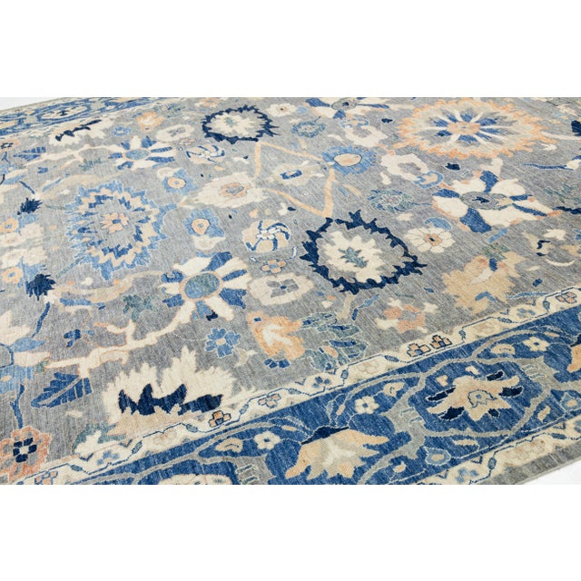 Textile 12x15 Modern Floral Oushak Style Wool Area Rug in Muted Slate Blue For Sale - Image 7 of 11