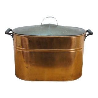 Antique Galvanized Copper Boiler Wash Tub Farmhouse Fireplace Coal Log Bin Lid 24" For Sale