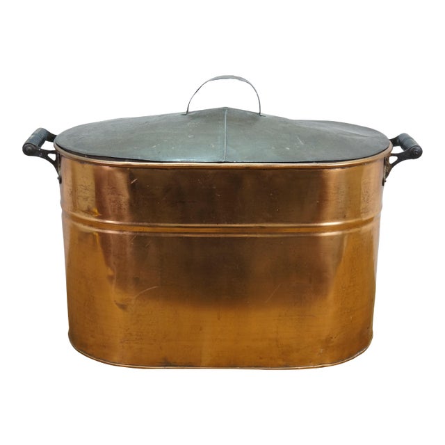 Antique Galvanized Copper Boiler Wash Tub Farmhouse Fireplace Coal Log Bin Lid 24" For Sale