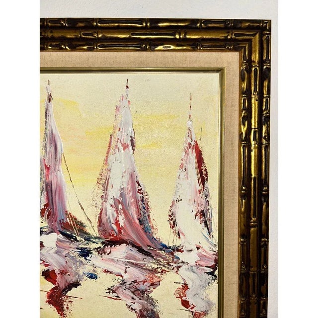 Canary Yellow Kenneth Abendana Spencer Signed Harbor Reflections Abstract Seascape Oil Painting (2000s), Framed For Sale - Image 8 of 14