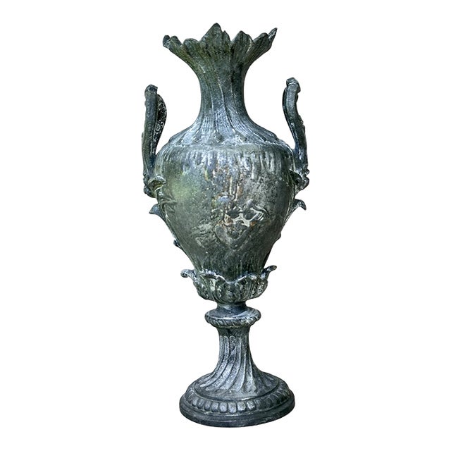 Antique French Art Nouveau Neoclassical Spelter Urn With Cherub & Maiden Relief, Paris For Sale