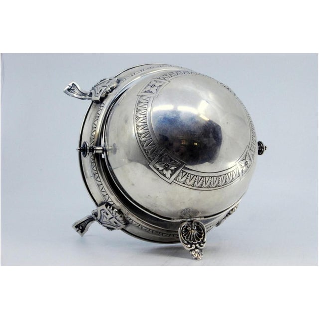 Silver Butter Dish with Glass Core and Case Engravings with Raised Embossed Crown Feet For Sale - Image 4 of 9