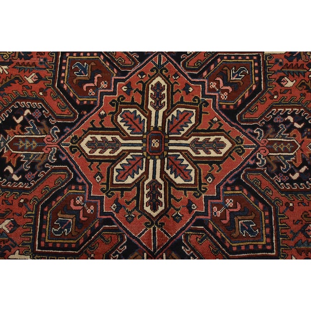 Heriz Rug 9′ X 10’5” Red Wool Vintage Tribal Hand-Knotted Oriental Carpet For Sale In Philadelphia - Image 6 of 15