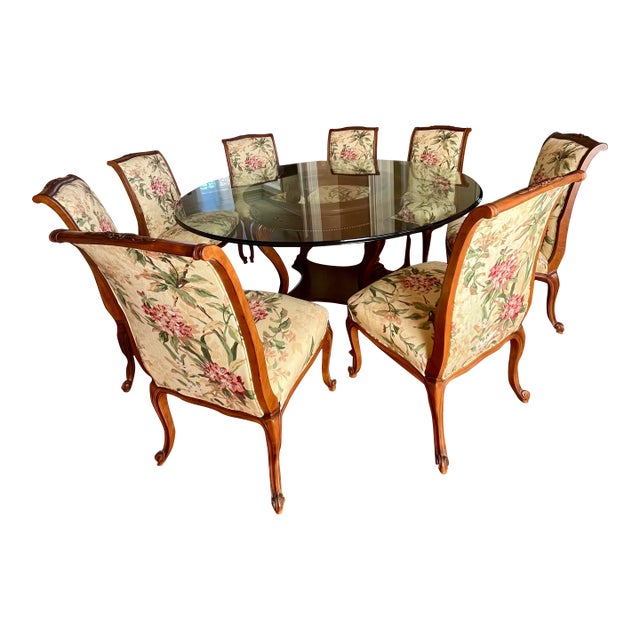 Round Glass Top Dining Table & 8 Chairs, Set of 9 For Sale