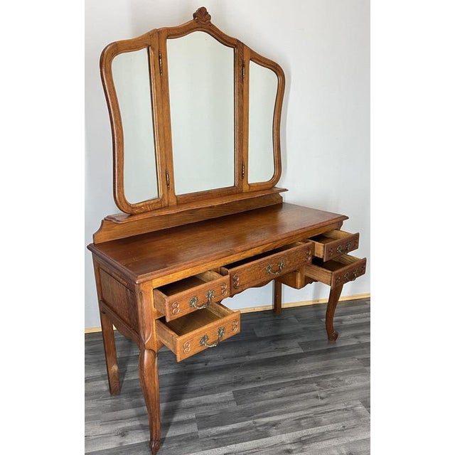 Vintage French Louis Style Oak Dressing Table with Mirror For Sale - Image 14 of 15