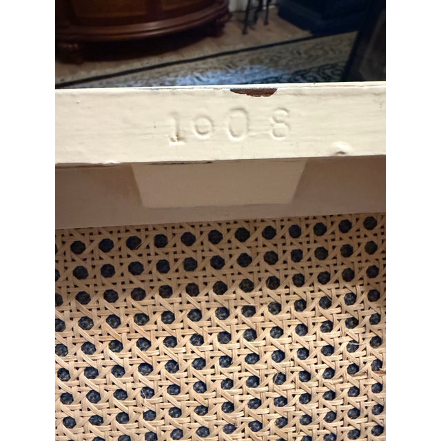 Vintage Cane and Wood Vanity Chair With Custom Blue Leather Tufted Cushion For Sale - Image 14 of 15