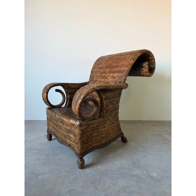 Vintage Coastal Organic Sculptural Tall Roll-Back Rattan Lounge Chair With Ottoman For Sale - Image 4 of 12
