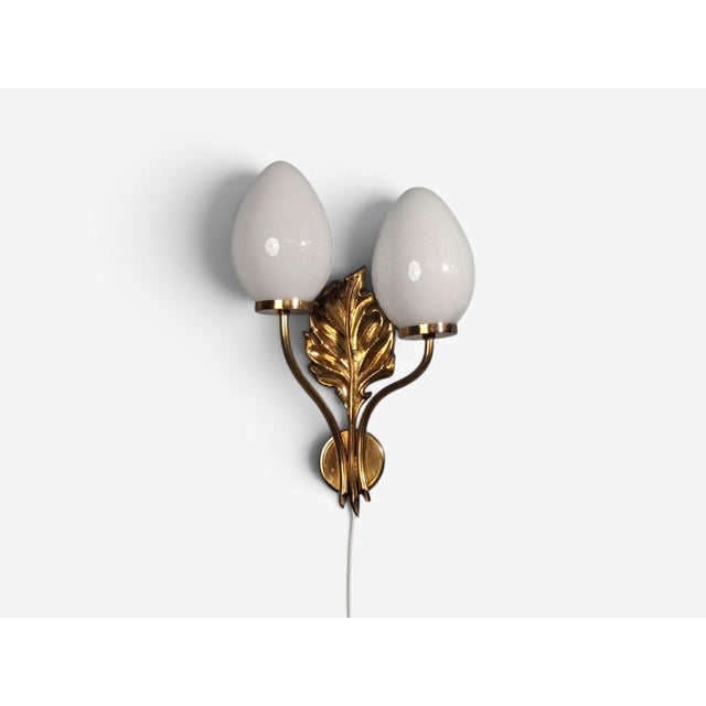 1950s Swedish Modern, Double Wall Light, Brass, Opaline Glass For Sale In New York - Image 6 of 10