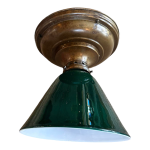 Emeralite Green Cased Glass Shade on Original Patina Flush Mount, Circa 1920