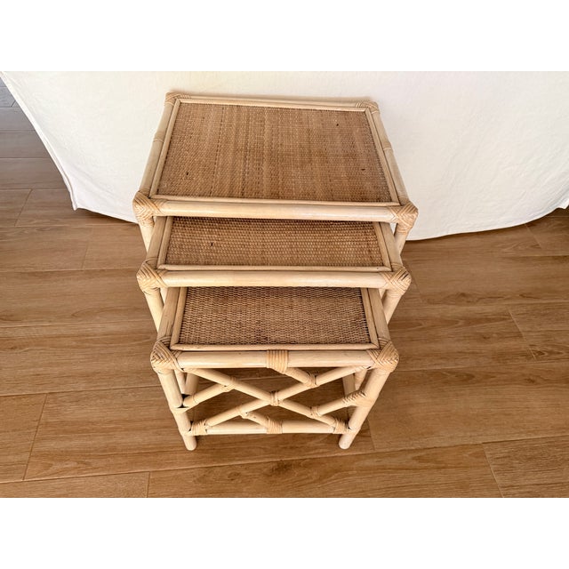 Mid-Century Modern Vintage Chippendale-Style Rattan Nesting Side Tables For Sale - Image 3 of 5