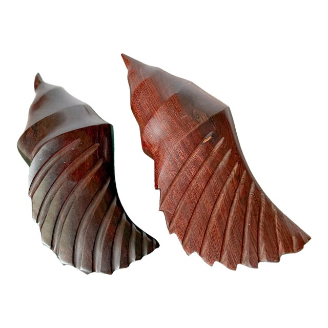 Vintage Large Carved Ironwood Conch Shell Sculpture Objects, a Pair For Sale