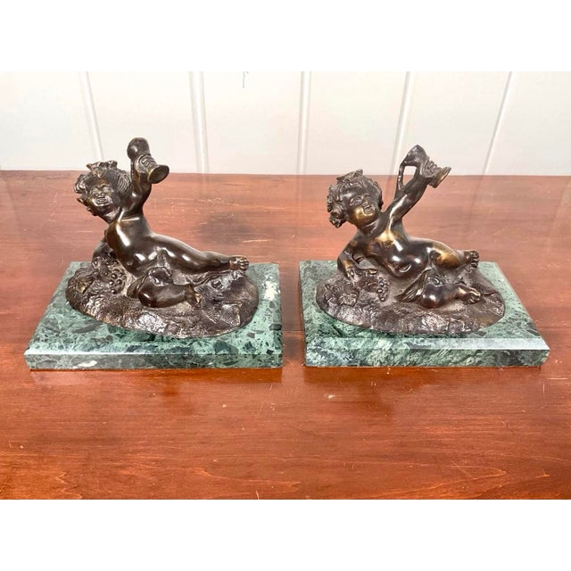 Pair of Vintage Bronze Belle Époque Style Bacchic Putti Bookends on Verde Marble, in the Manner of Auguste Moreau For Sale - Image 4 of 12