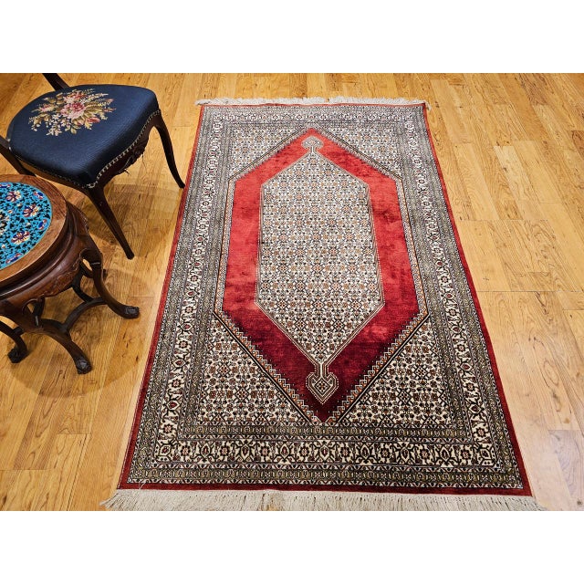 Textile Vintage Persian Qum Area Rug, Hand-Knotted Silk, Herati Medallion Pattern, Ivory & Red, 4x6 For Sale - Image 7 of 16