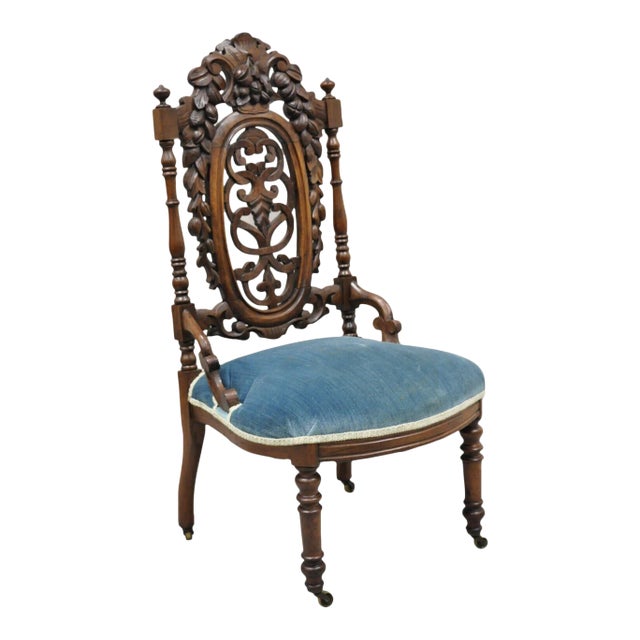 Antique Victorian Carved Walnut Harvest Vine Slipper Chair After John