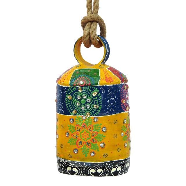 1990s Metal Decorative Emboss Hand Painted Farm Animal Cowbell Copper Brass For Sale