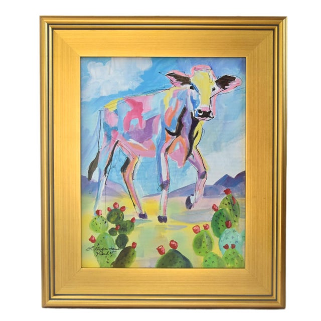 2020s Impressionist Abstract Landscape W/Cow Painting Including the Antiqued Gold Wood Frame For Sale - Image 5 of 5