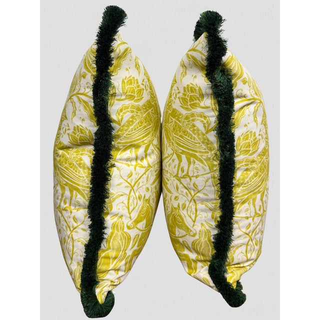 2020s Clark & Clark Citrus and Green Brush Fringe Custom Made Pillow Pair For Sale - Image 5 of 9