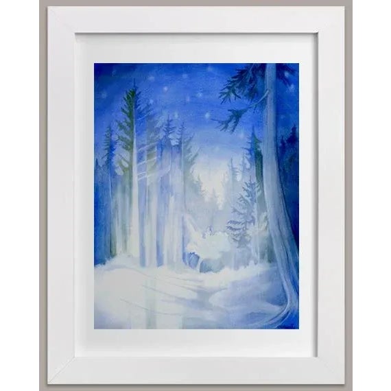 2020s Blue and White, Original Watercolor Landscape Painting, Moon Lit Night by Kathleen Ney For Sale - Image 5 of 5