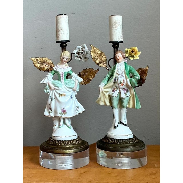 Metal Vintage Lucite Base Porcelain Figurine Lamps - a Pair For Sale - Image 7 of 12