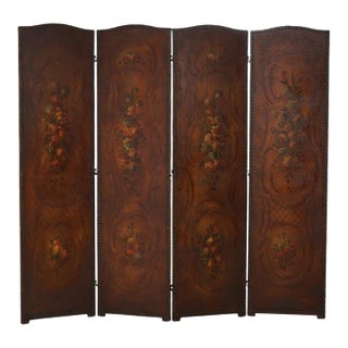Arts & Crafts Polychromed Leather Folding Screen With Floral Design C1920 For Sale