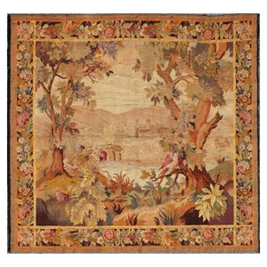 Antique French Landscape Tapestry in Square Size