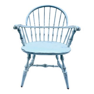 Vintage White Distressed Farmhouse Nichols & Stone Bow-Back Windsor Armchair For Sale