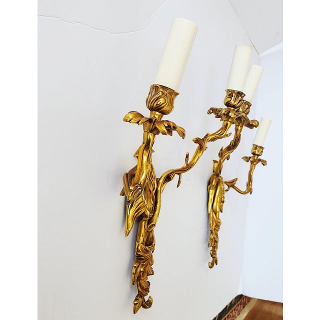 Chinoiserie Vintage Chinoiserie Dore Bronze Wall Sconces-a Pair For Sale - Image 3 of 16