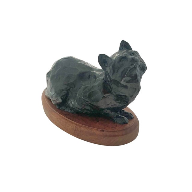 Late 20th Century Cat Sculpture Bronze on Wood Base Feline Statue Signed and Numbered Vintage Gift For Sale - Image 5 of 11