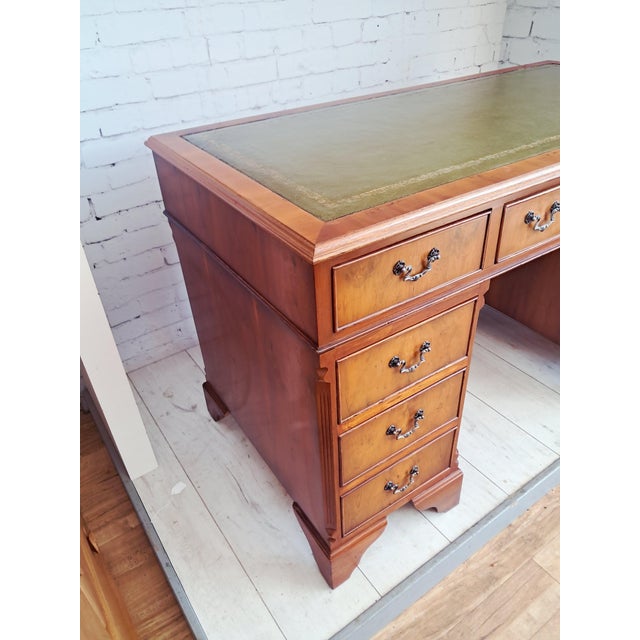 Antique Twin Pedestal Desk in Yew Wood with Leather Top, 1980s For Sale - Image 12 of 18