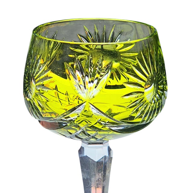 Exquisite Bohemian Bohemian Lime Green Cut to Clear Wine Glass With Fans Floral Design For Sale - Image 4 of 11