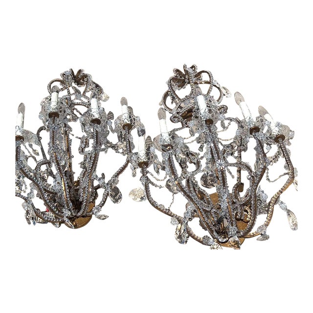 Pair Monumental Light Crystal Beaded French Chateau Sconces Mansion Attr. Dennis Leen For Sale