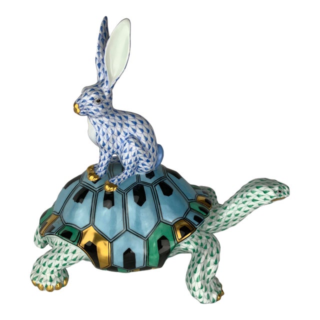 Herend Painted Ceramic Turtle and Rabbit For Sale