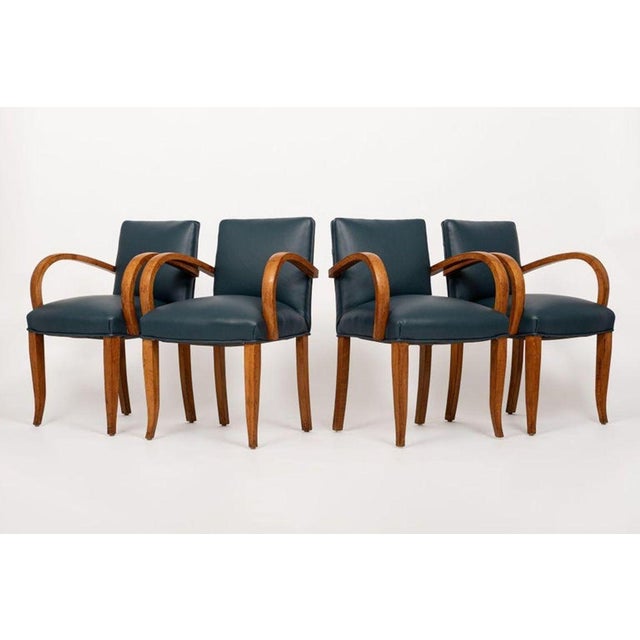 Antique Art Deco Maple Bentwood and Blue Leather Dining Chairs 1930s For Sale - Image 4 of 11