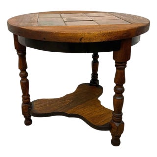 Vintage Arts & Crafts Tile Top Side Table With Turned Legs and Lower Shelf For Sale