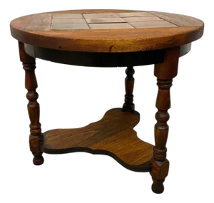 Vintage Arts & Crafts Tile Top Side Table With Turned Legs and Lower Shelf