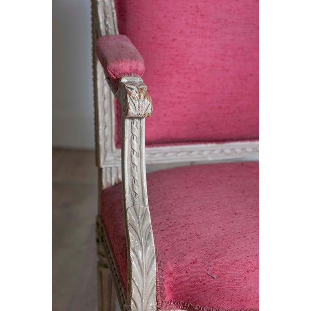 French Louis XVI Style 19th Century Painted Fauteuil with Abundant Carved Décor For Sale - Image 9 of 10