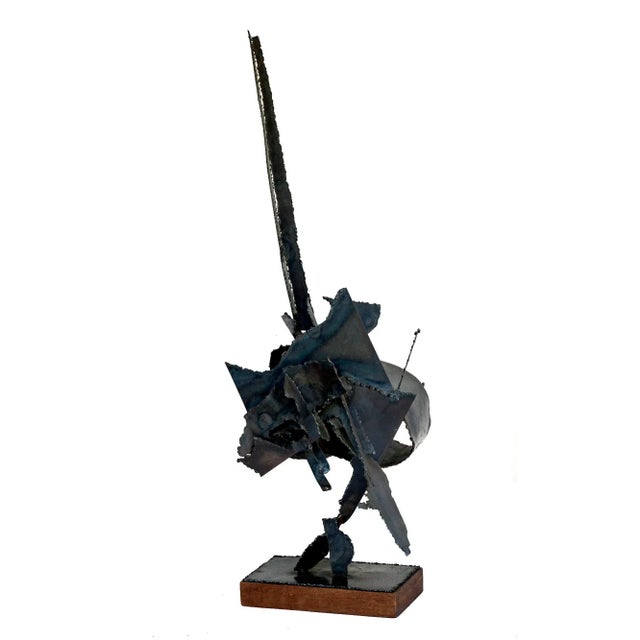Wood Mid 20th Century Wendell Cullen Hudiburg Brutalist Sculpture, Metal With Wood Base For Sale - Image 7 of 12