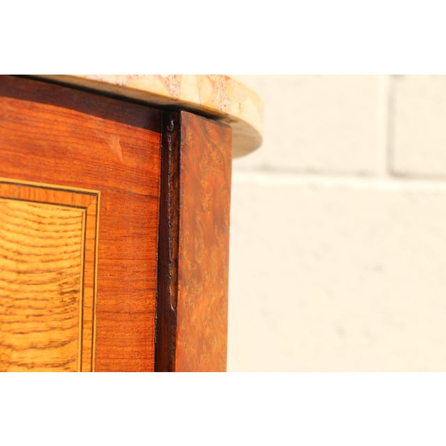 Pair Antique French Louis XV Style Marble Top Inlaid Wood Nightstands, Circa 1940s For Sale - Image 15 of 18