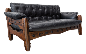 Second Half of the 19th Century American Two-Seater Sofa in Wood and Black Leather, 1970s