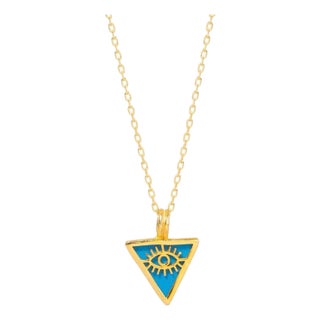 Turquoise & Gold Triangle Pendant Evil Eye Talisman Necklace For Sale