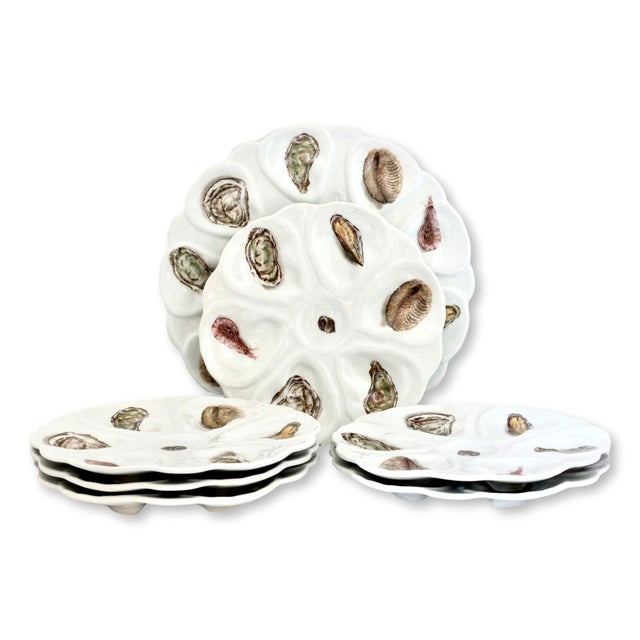 Vintage French Porcelain Oyster Set, 6 Plates & Platter For Sale In Los Angeles - Image 6 of 7