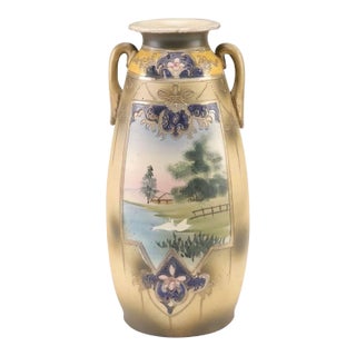 Early 20th Century Japanese Meiji Period Hand Painted & Gilt Satsuma Amphora Porcelain Vase For Sale