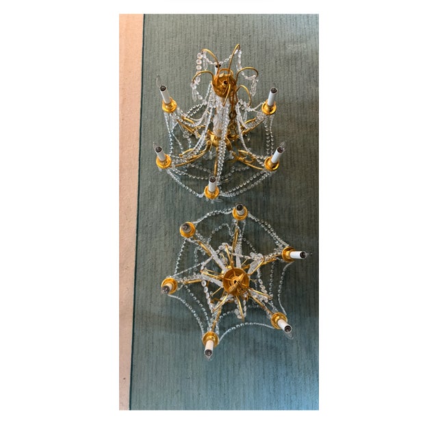 Bronze Pair of 6 light French style brass and crystal chandeliers For Sale - Image 8 of 13