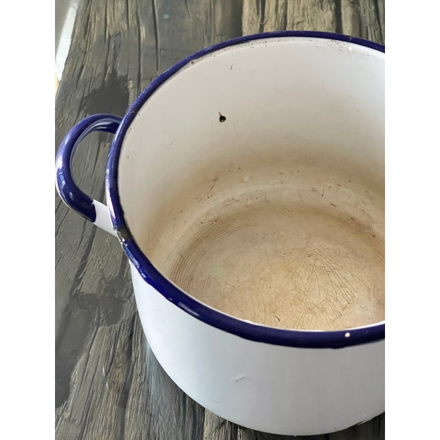Vintage White Enamel Pot With Blue Border For Sale - Image 4 of 5