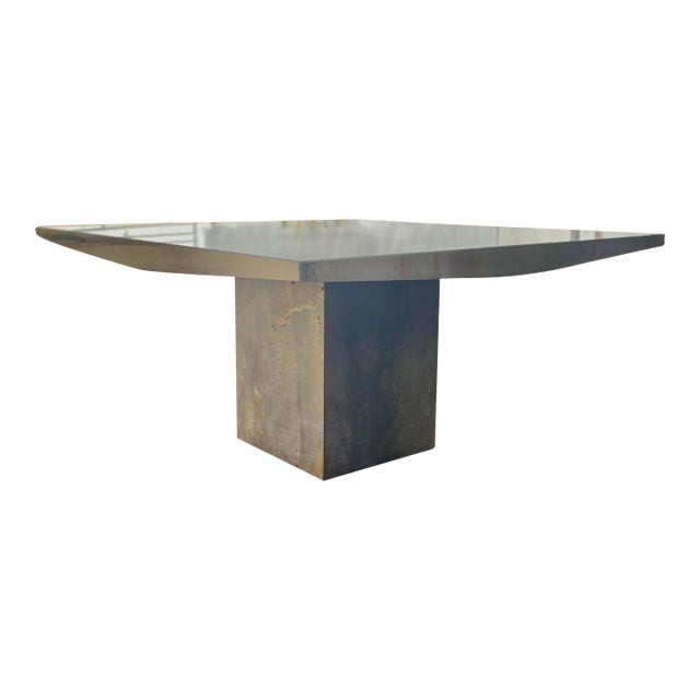 Monumental Square Travertine Dining Table With Pedestal Base and Sculpted Apron in the Italian Modern Style For Sale