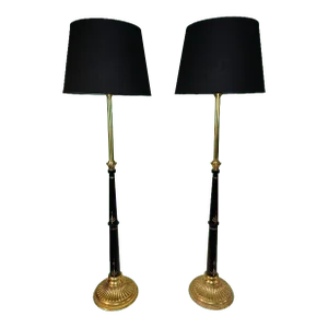 Pair of Late 20th Century Black and Brass Neoclassical Style Floor Lamps